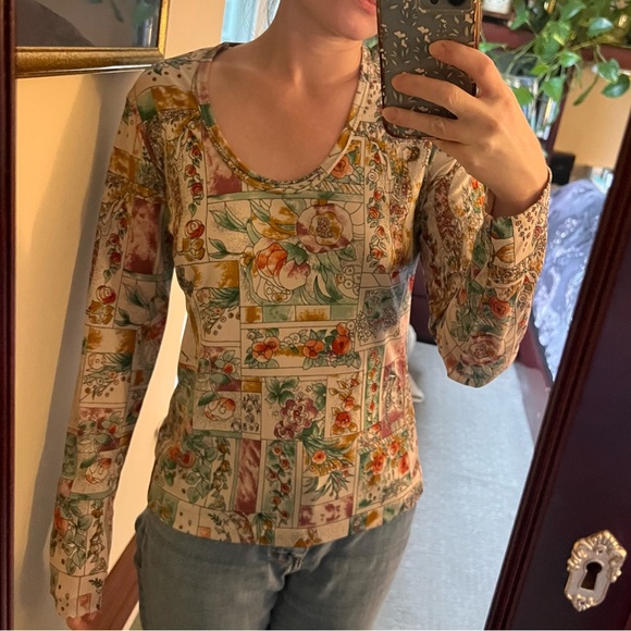 Rare 1970s vintage floral flowers print art nouveau long sleeve top geometric - Picture 6 of 13